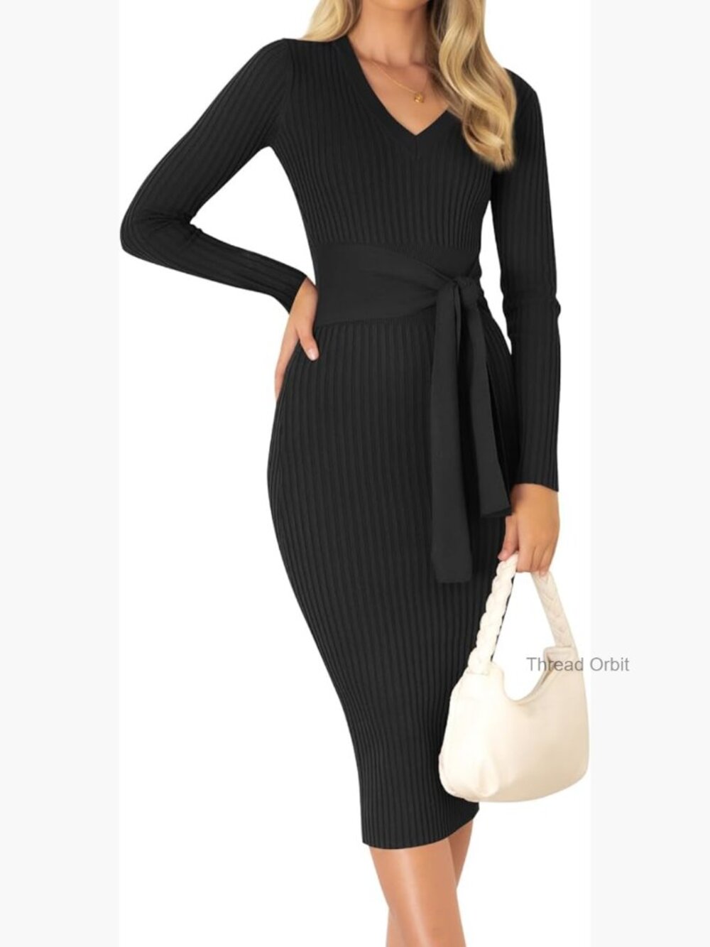 V Neck Long Sleeve Ribbed Knit Tie Waist Bodycon Slim Fit Midi Dress